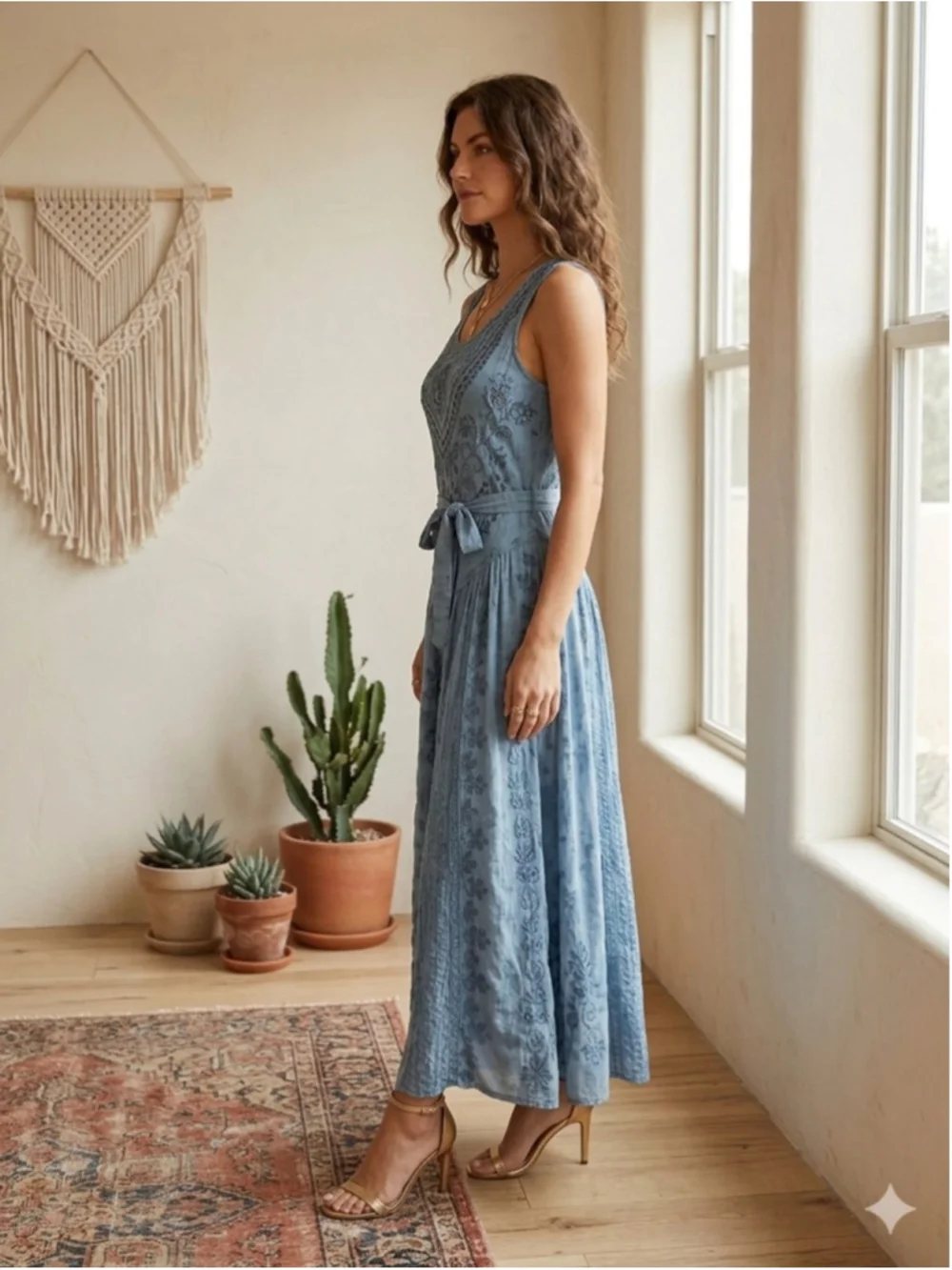 FABULOUS India Rayon Acid Wash Embroidered Maxi Dress Blue Boho Free Size (M)
